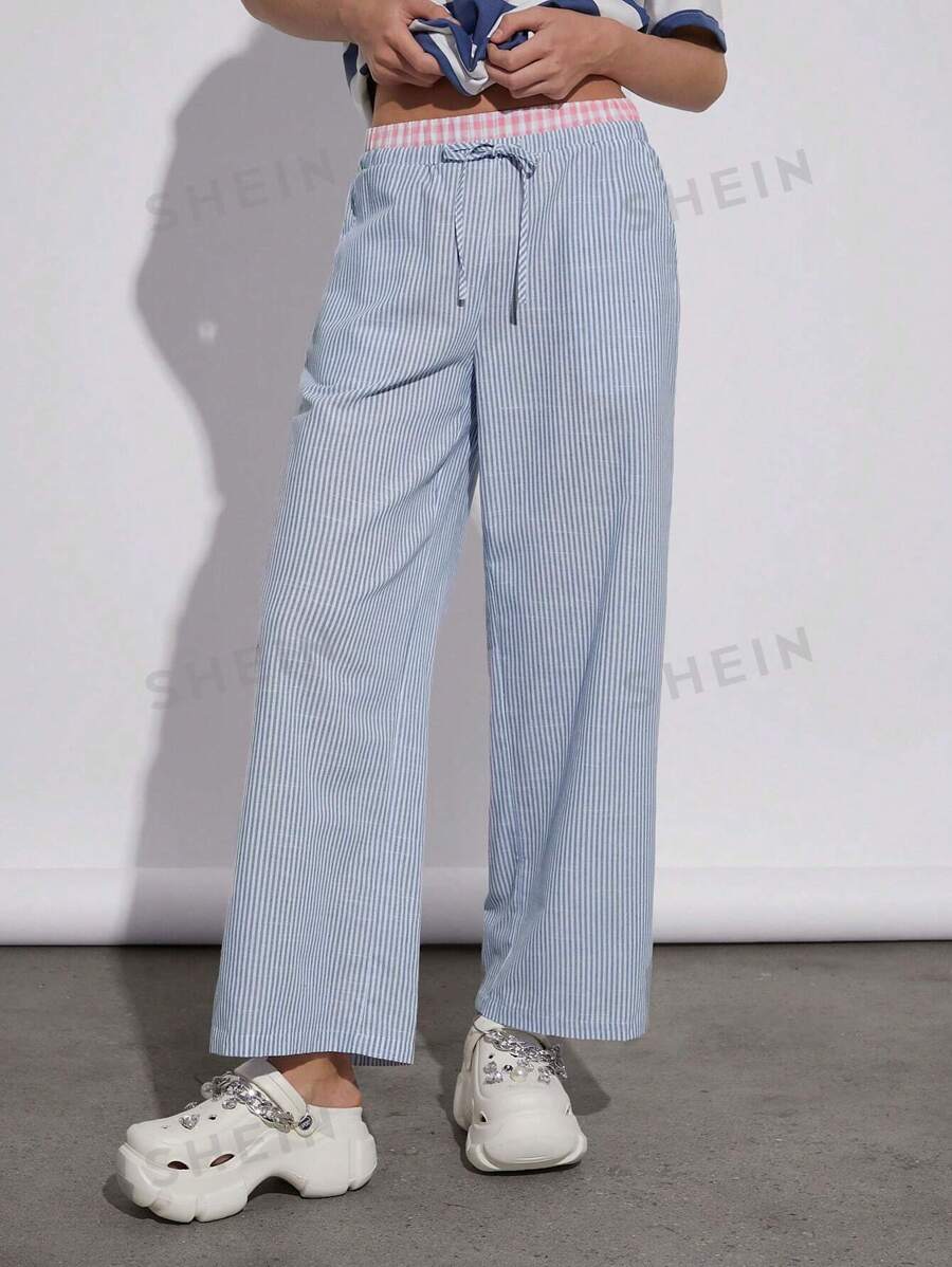 SHEIN EZwear Pantalones anchos tejidos con rayas azules y cuadros rosas de estilo informal para mujer con ajuste holgado