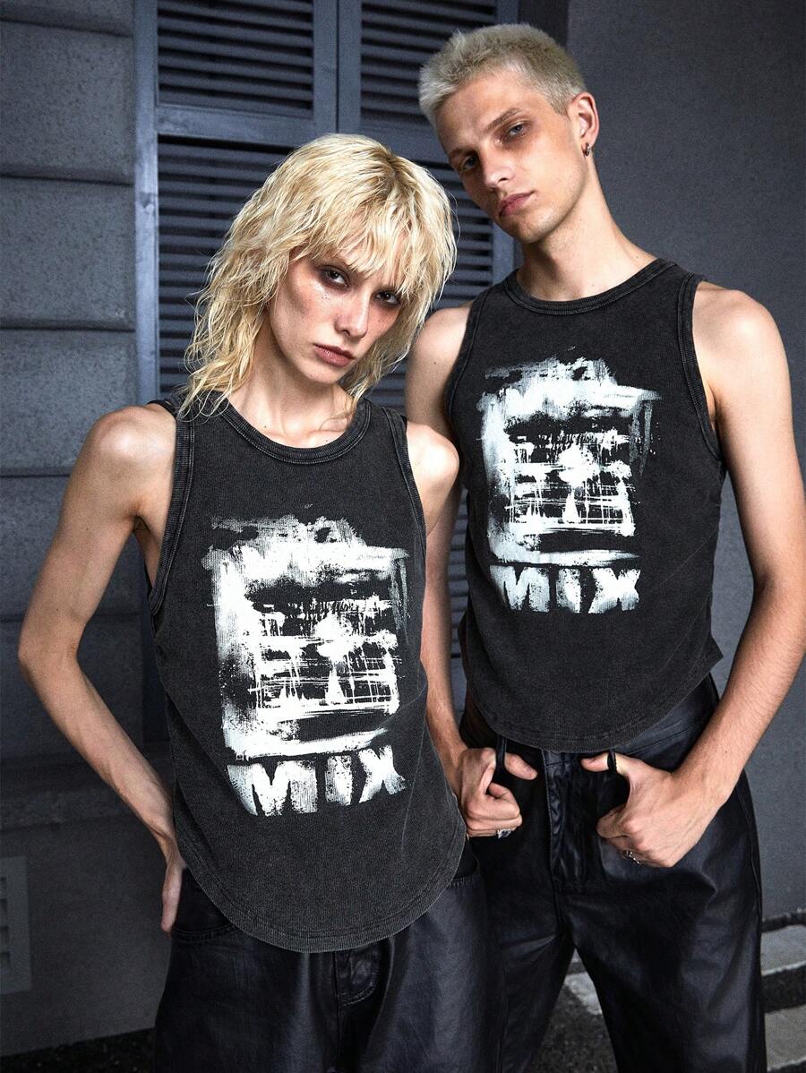 Manfinity UZERO Men's Knitted Printed Casual Short Tank Top With Street Style, Summer Halloween