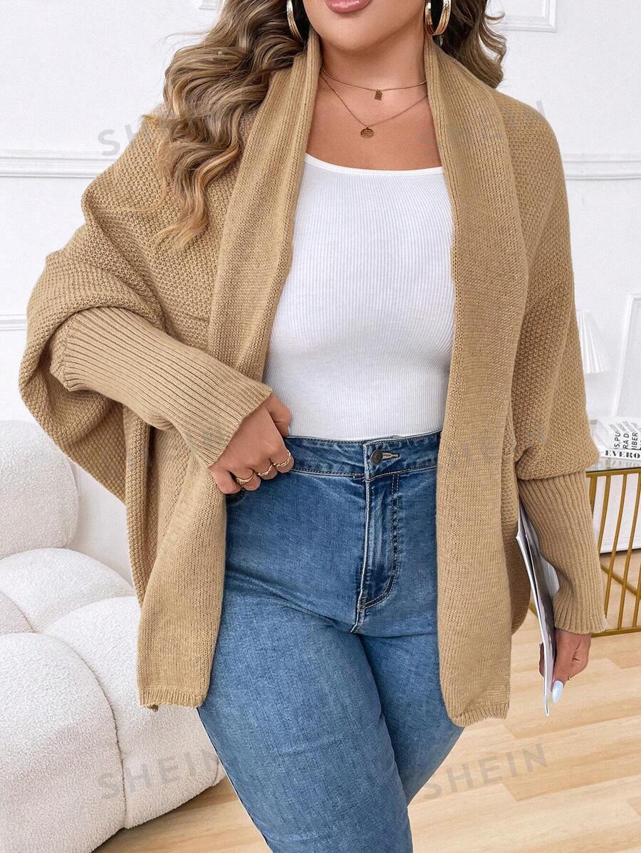 Calvaya Chaqueta de punto de manga larga minimalista de unicolor para mujer de talla grande