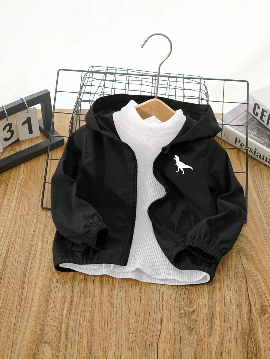 Baby Boy Black Casual Cartoon Dinosaur Print Hooded Long Sleeve Jacket, Versatile For Daily Wear, Outdoor Activities, Home Use