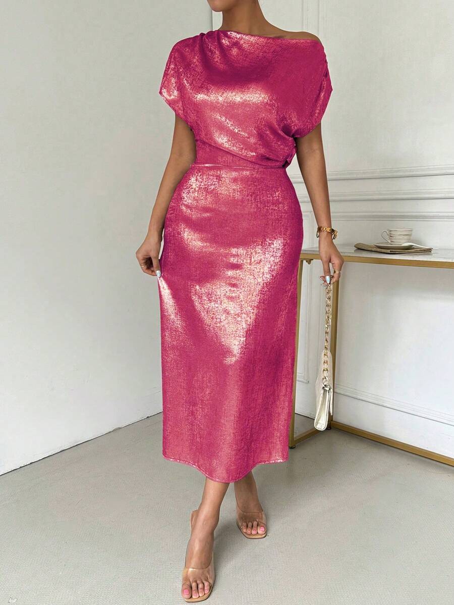 Calvaya Asymmetric Collar Pleated Solid Color Summer Short Sleeve Dress