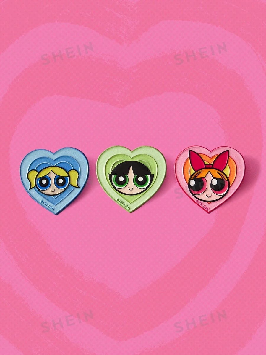 The Powerpuff Girls | ROMWE Set de 3 broches con forma de corazón personalizados con los personajes de caricatura lindos Blossom, Bubbles y Buttercup, para ropa y accesorios de bolsos, unisex, perfecto para San Valentín, mamá, madre, Día de la Madre, regalo