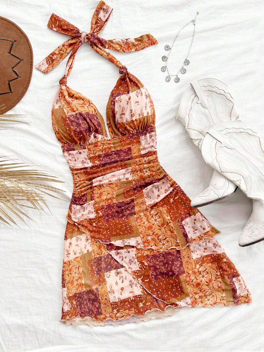 Soleia Holiday Ladies Pastoral Color Print Halter Neck Back Tie Bow Backless Waist Wave Edge Split Asymmetrical Hem Mini Stretch Dress Autumn Clothing Holiday Wear Can Be Worn Inside Or Outside Back To School Clothes