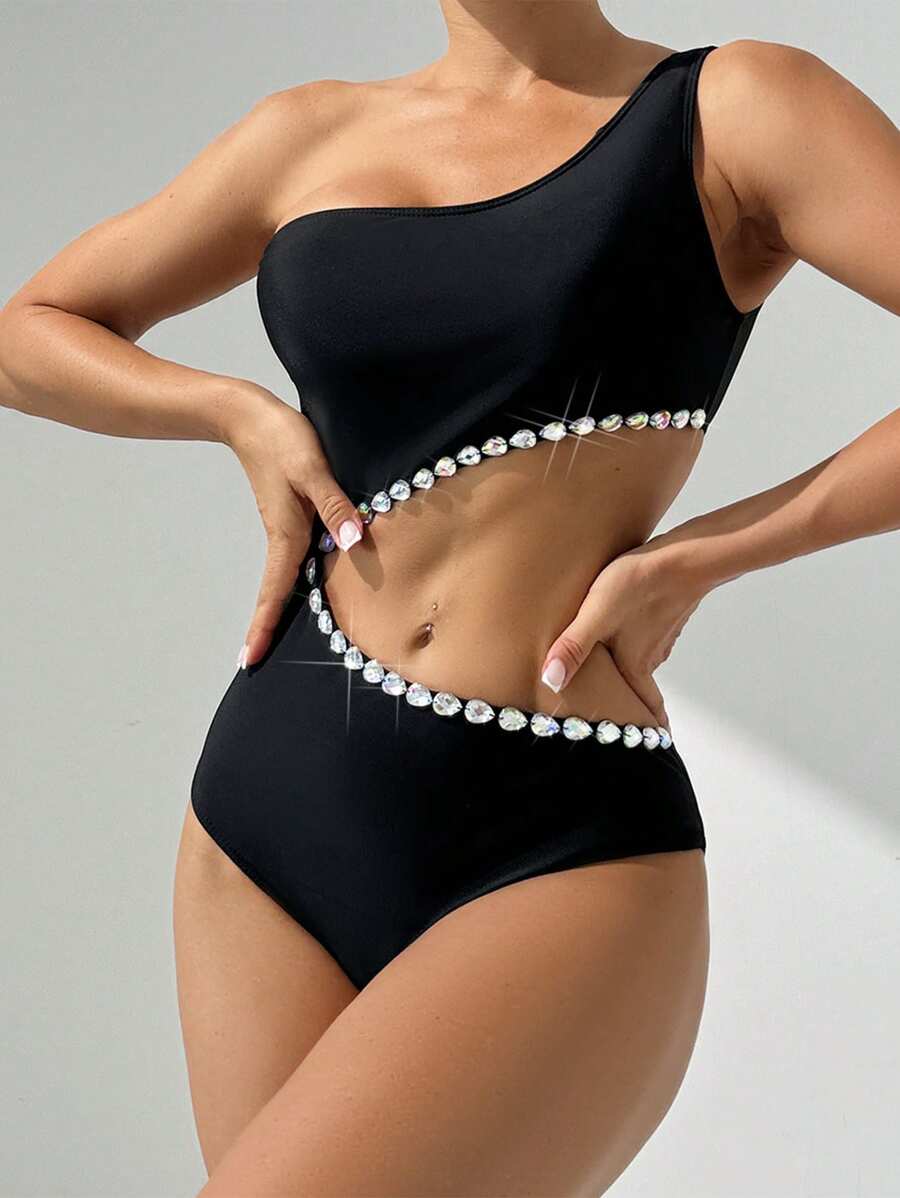 1pc Women Rhinestone Decor Hollow Out One-Piece Swimsuit Summer