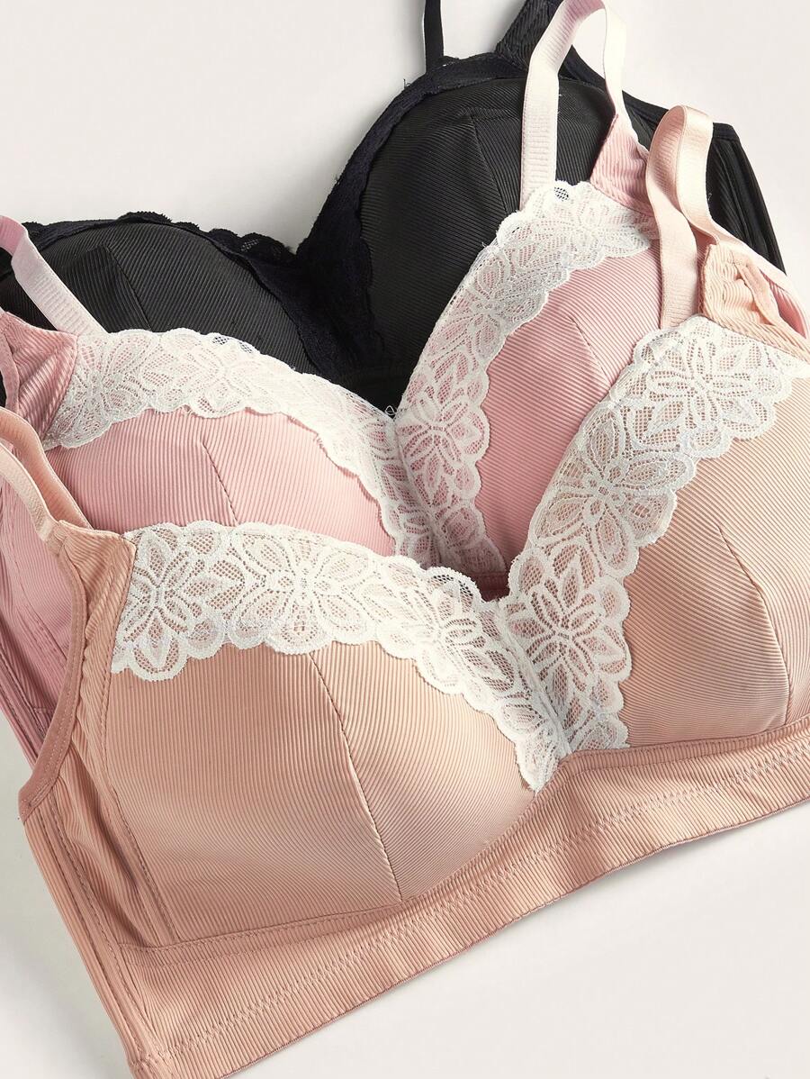 3 piezas Sujetadores inalámbricos con parches de encaje para mujer de talla grande