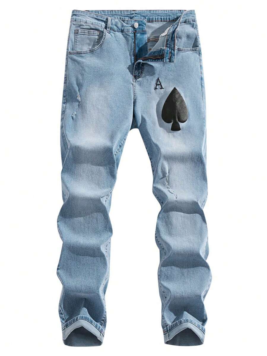 Manfinity Hypemode Plus Size Men's Distressed Light Blue Denim Jeans With Poker Print