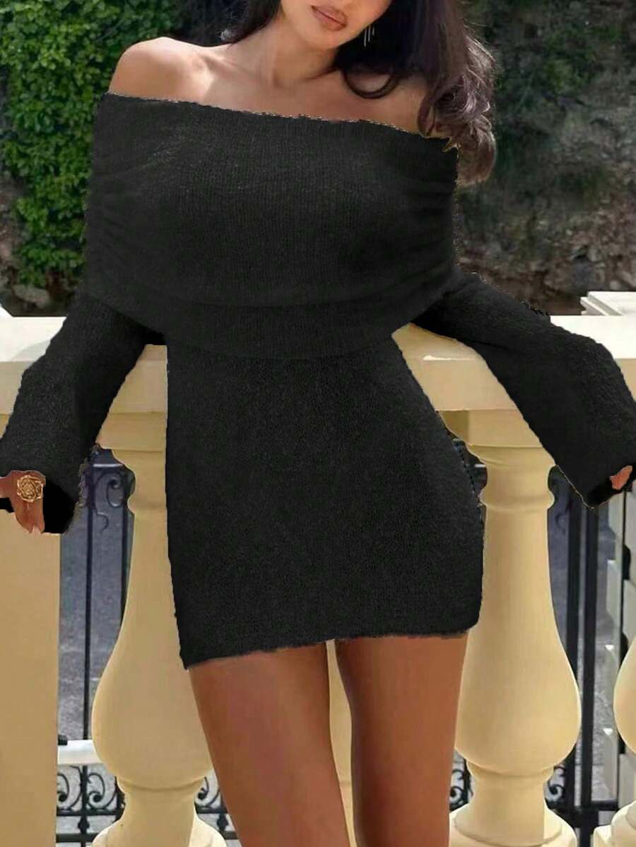 INAWLY Women's Off-Shoulder Long Sleeve Solid Color Simple Yet Elegant Knitted Dress