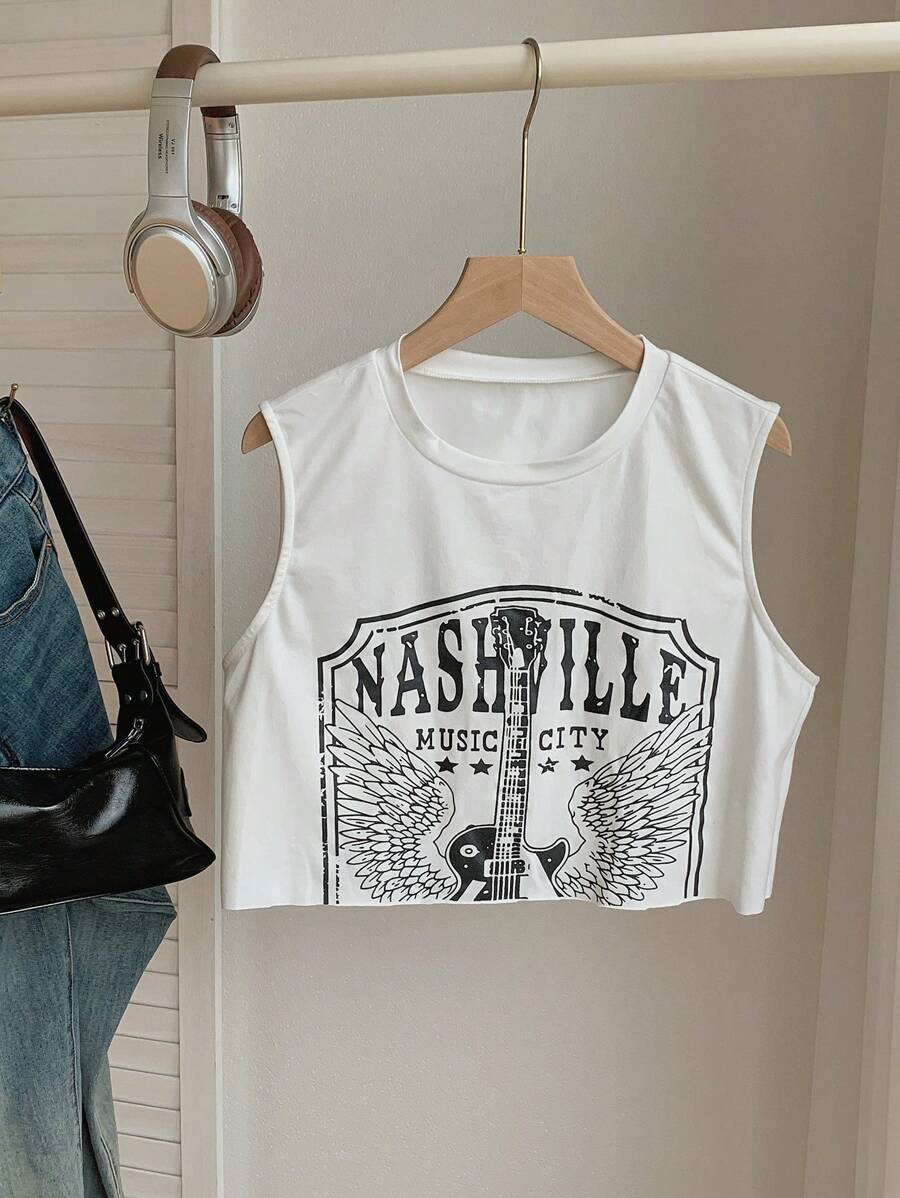 Comfortcana Top de tirantes sin mangas de estilo boxeado y corto con estampado de festival de música para mujer