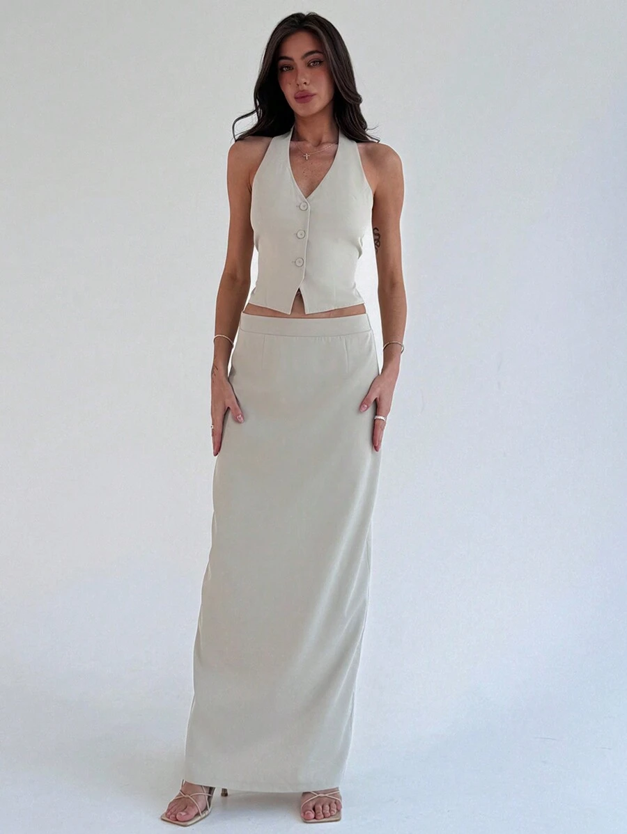 SHEIN Privé Plus Size Elegant Tie-Waist Blazer & Extra Long Slit Hem Midi Skirt 2Pcs Suit, Apricot