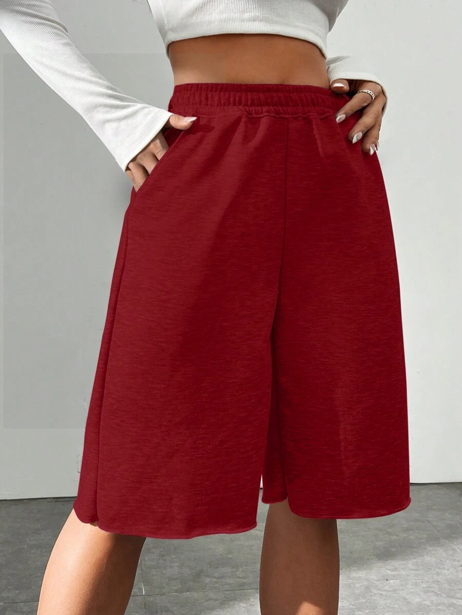SHEIN EZwear Women Solid Color Elastic Waist Pocket Casual Shorts