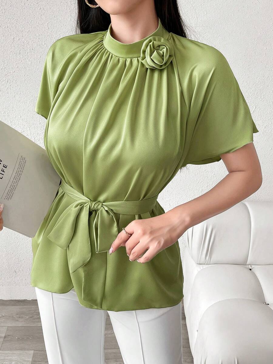 Modelyn Women's Elegant Solid Color 3D Floral Decor Collar Blouse, Summer