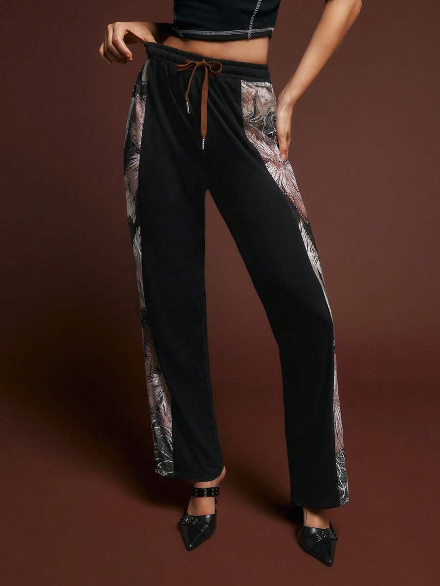 SHEINNeu Women's Solid Color Printed Patchwork Drawstring Waist Casual Trousers Fall Women's Clothing Fall Women's Clothing Fall Clothing Fall Clothing Tween Girls Pants Girls Pants