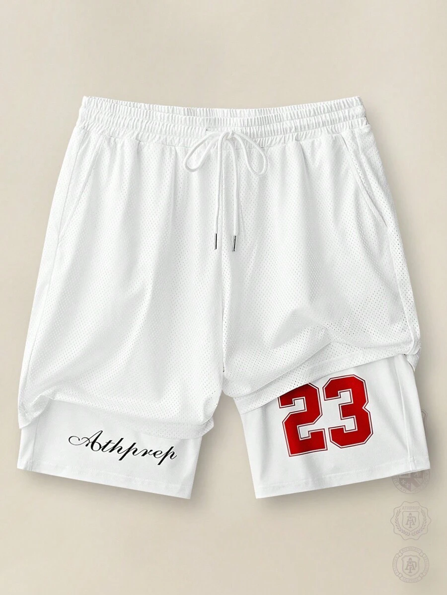 Manfinity VCAY Pantalones cortos deportivos con estampado digital de letras falso de 2 piezas para hombres, de vuelta a la escuela