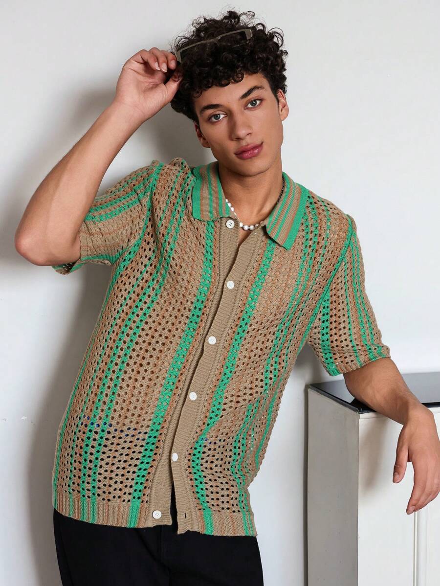 Manfinity Hypemode Hypemode de Manfinity Conjunto informal de playa para hombres, top de punto casual con estampado de una sola fila de botones, ideal para vacaciones, verano