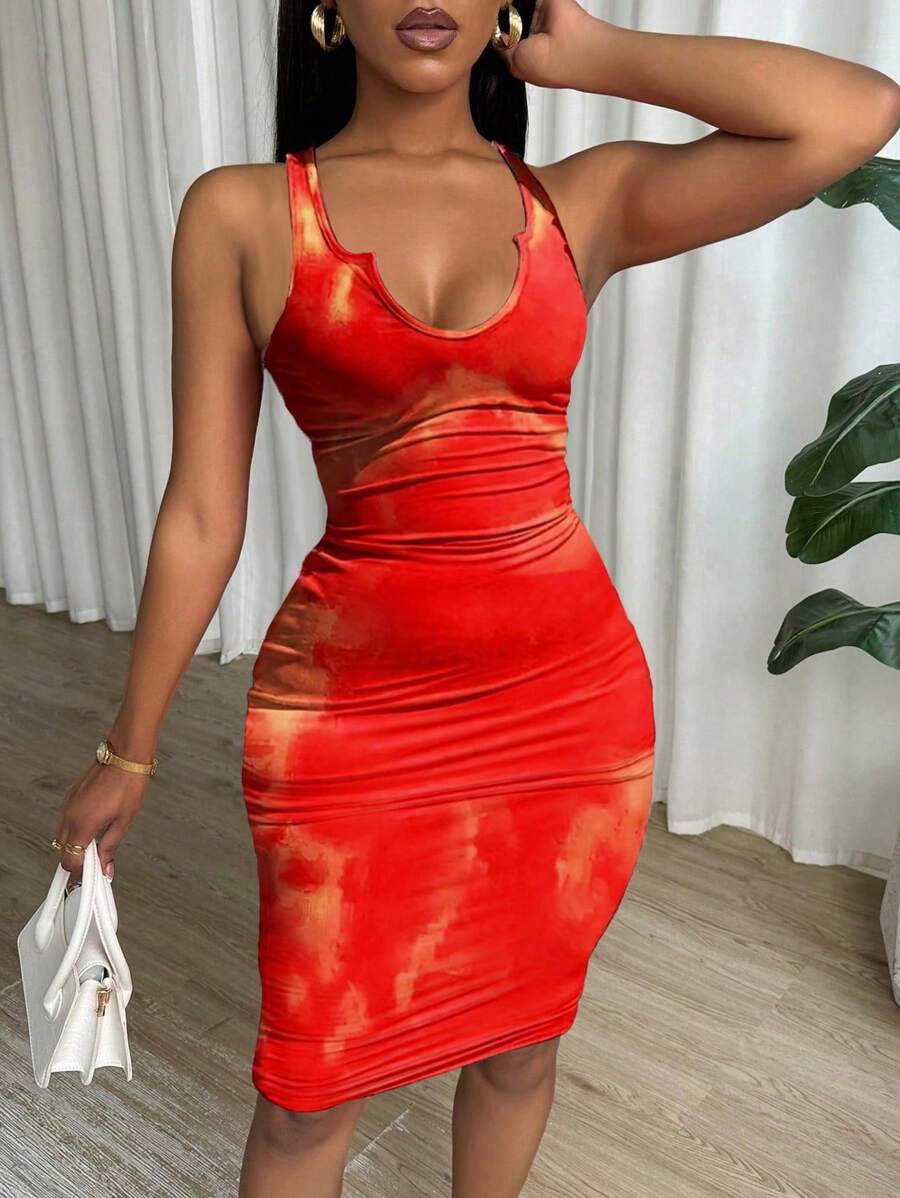 VaVaBold Tie Dye Pleated Slim Fit Sleeveless Bodycon Dress For New Year Clothes