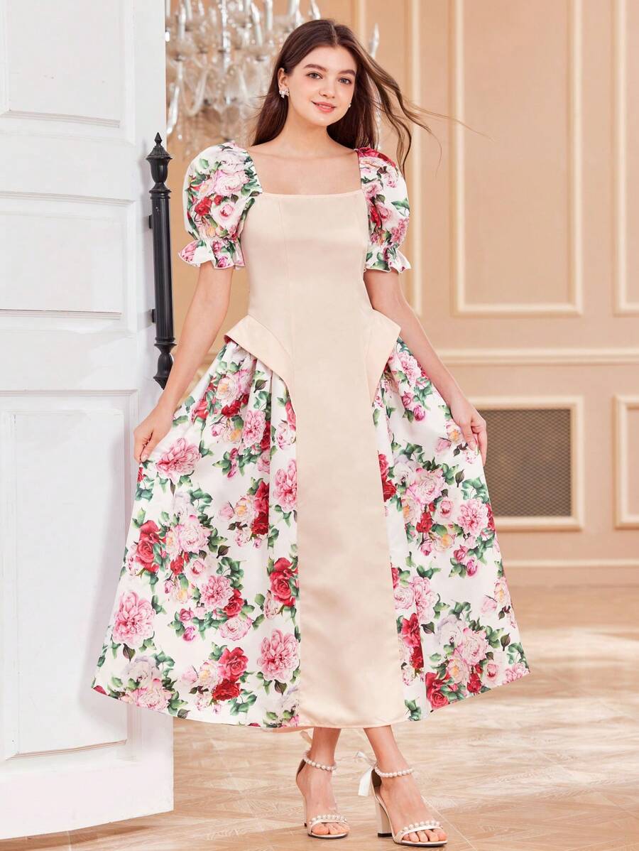 SHEIN Vestido elegante florido com mangas bufantes contrastantes para adolescente