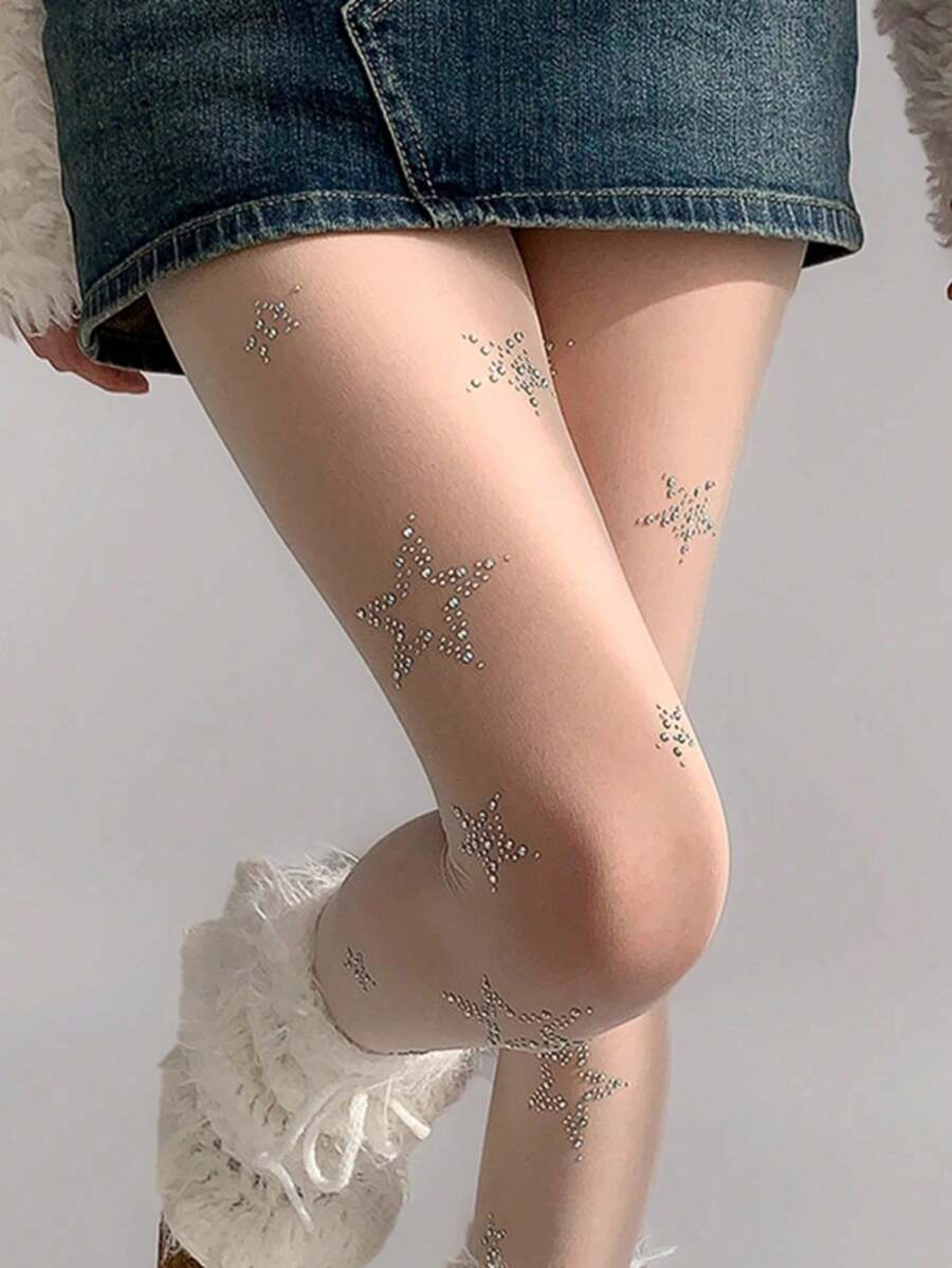Un par de medias blancas con diamantes de imitación para mujer, delgadas para primavera y otoño, pantimedias lisas de estrellas, antigancho, sexys y brillantes con tights JK