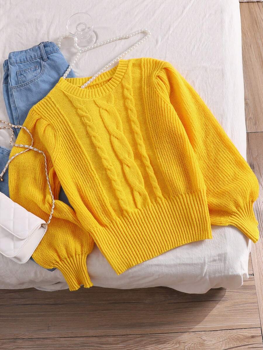 CosyJoli Suéter de punto de jacquard amarillo de manga farol, de cuello redondo y manga larga, elegante estilo universitario, para invierno. Suéter de invierno para adolescentes