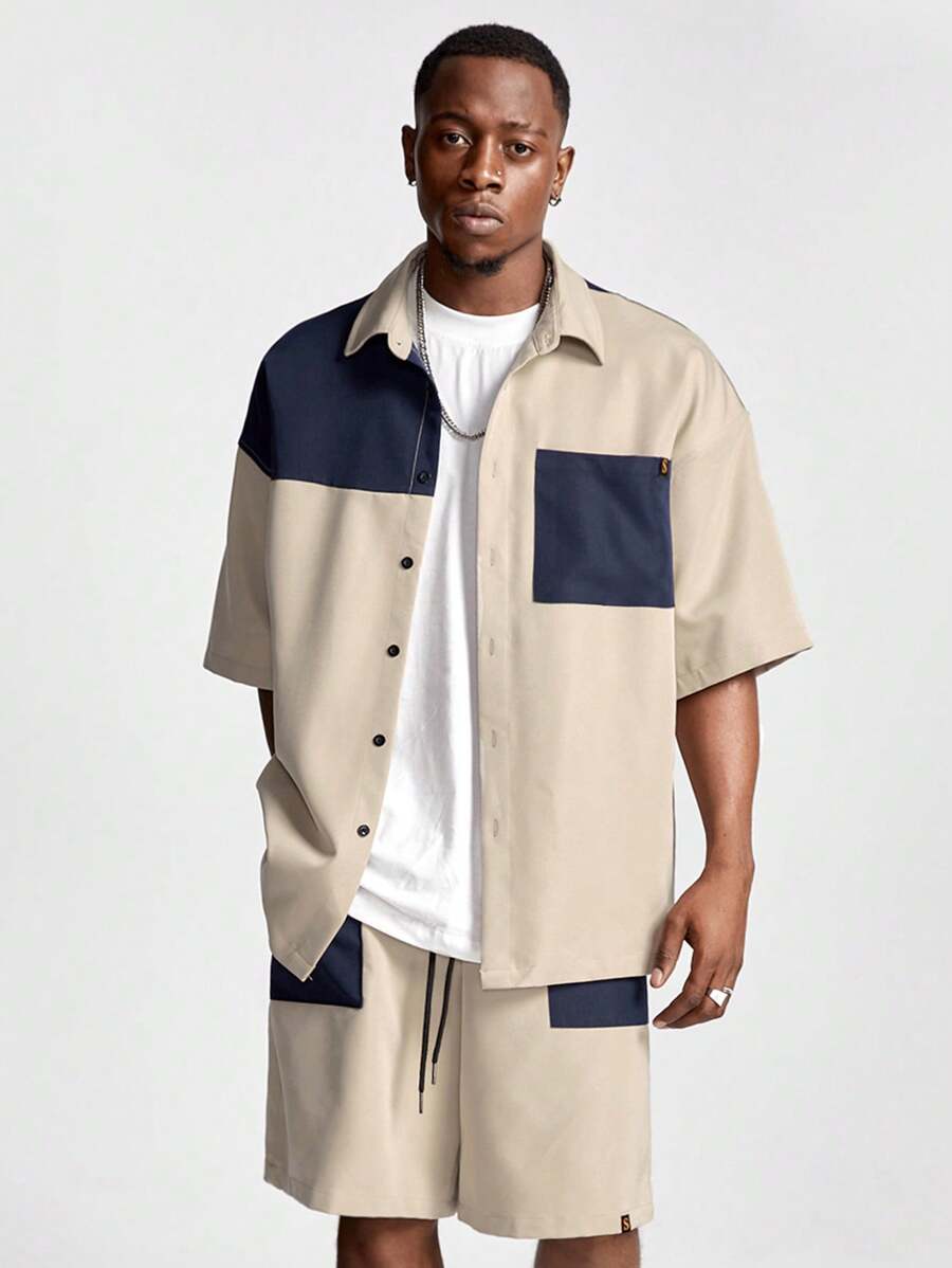 Manfinity VCAY Conjunto de camisa de manga corta tejida con ajuste holgado y parches, adecuado para el verano para hombre