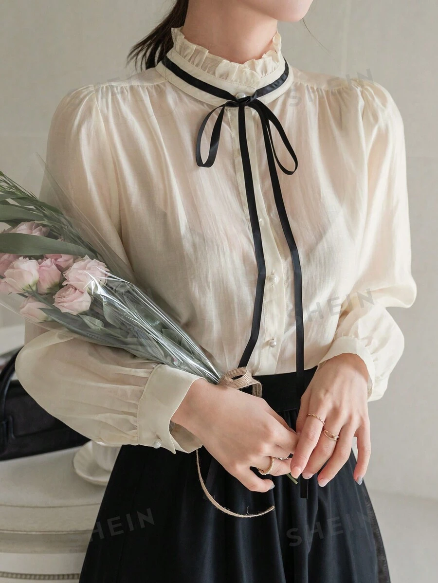 DAZY Blusa elegante y encantadora de contraste de color con cuello alto, lazo, cordón y manga larga para mujer