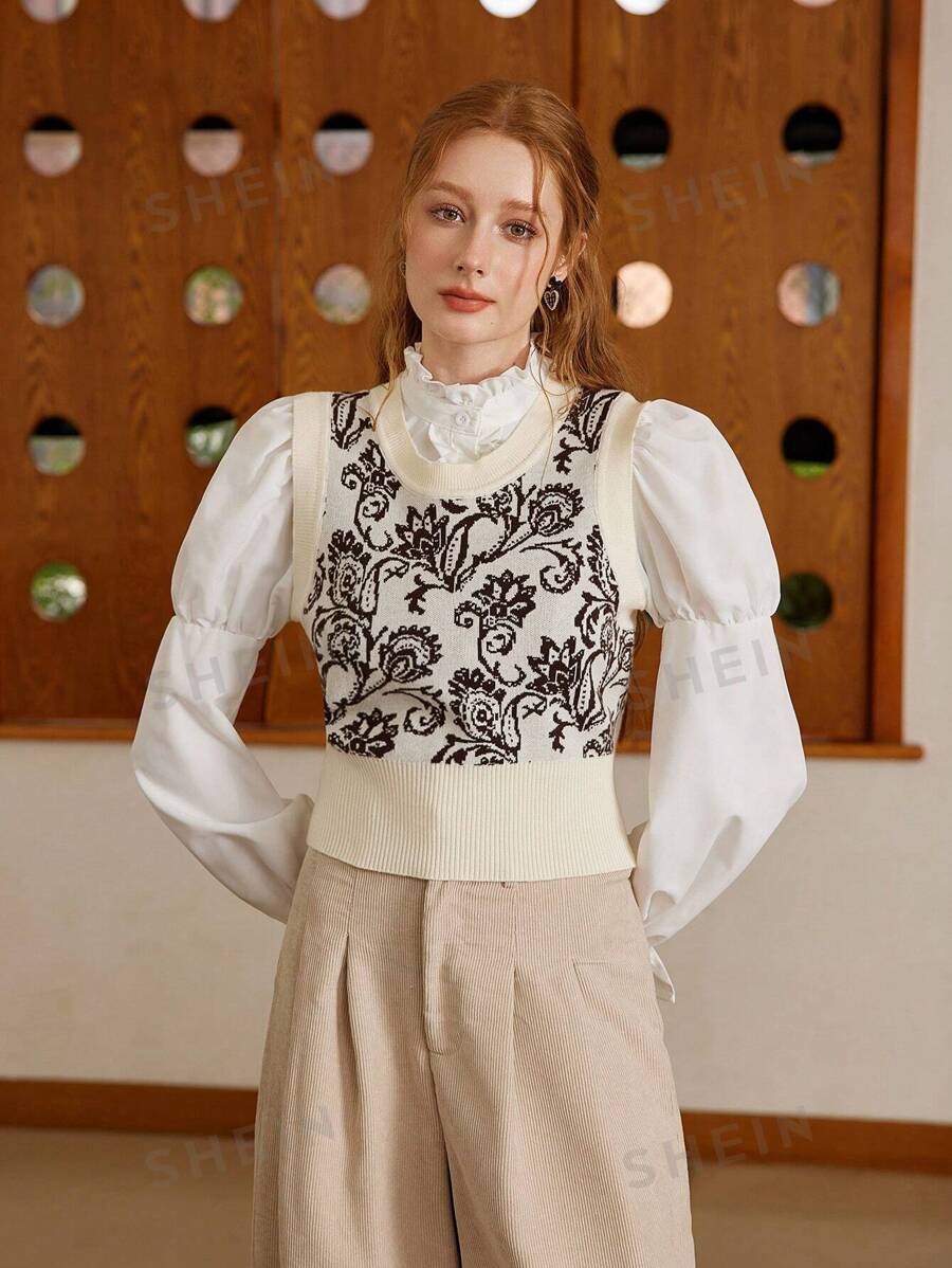 SHEIN MOD Chaleco de punto sin mangas con estampado floral para mujer, chaleco de punto vintage marrón con cuello redondo, chaleco de punto para mujer