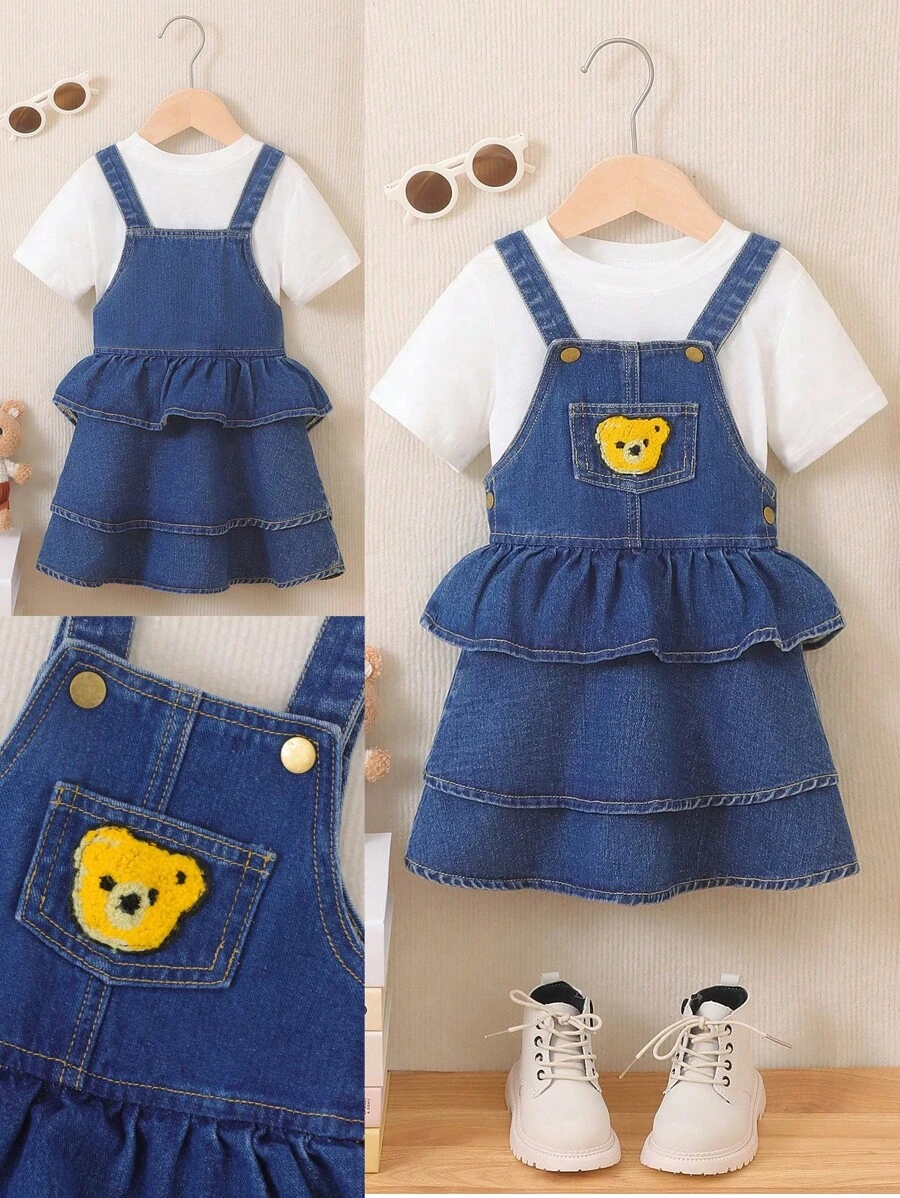 Girls' Casual And Stylish Denim Overall Dress With Cartoon Print And Pleats