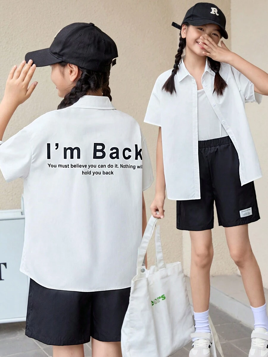 SHEIN White Casual Loose Fit Back Print Turn-Down Collar Shirt And Black Loose Fit Casual Weave Tagged Shorts Set, For Tween Girls