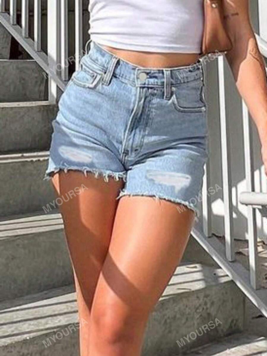 MYOURSA High Waist Distressed Ripped Raw Hem Denim Shorts
