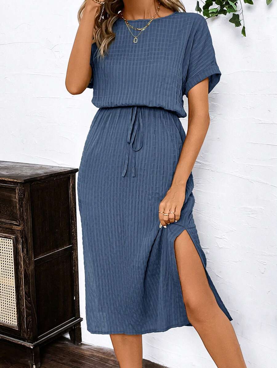 SHEIN Clasi Summer Military Green Textured Tie-Waist Short Sleeve Dress For Women