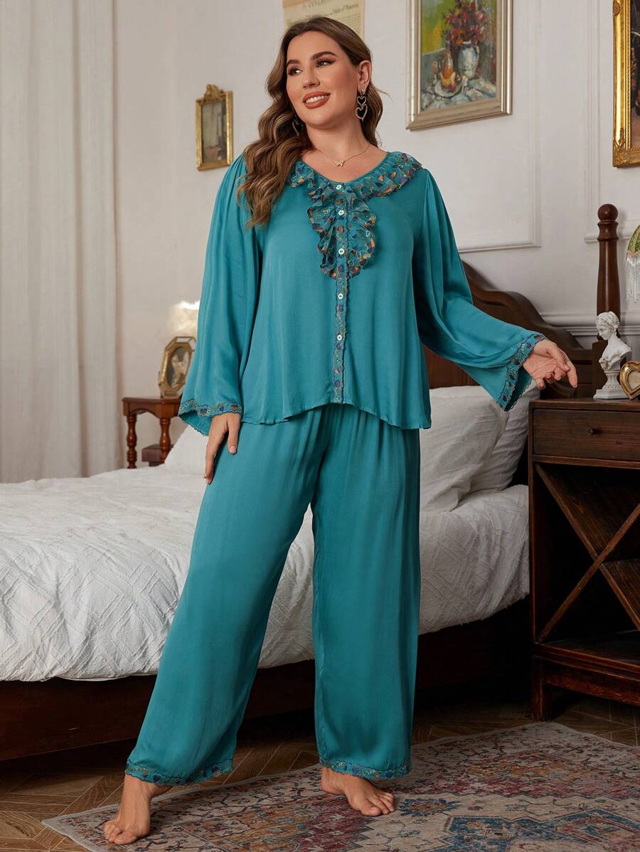 PalaceNights Heart Embroidery Ruffled Collar Front Open Long Sleeve Pajama Set Plus Size