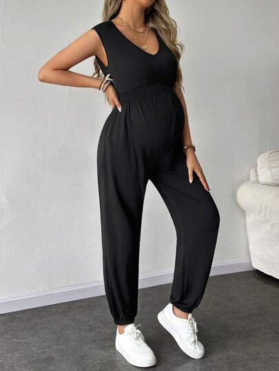 SHEIN Solid Color Sleeveless Casual Jumpsuit For Pregnant Women, Daily Wear, For Maternity
