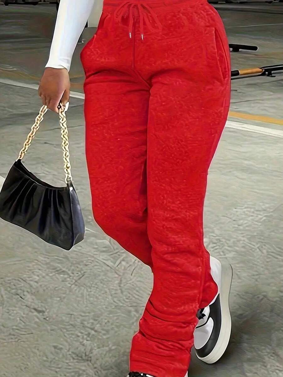 SHEIN Pantalon de survêtement casual droit avec poche à cordon de serrage, couleur unie, mode grande taille
