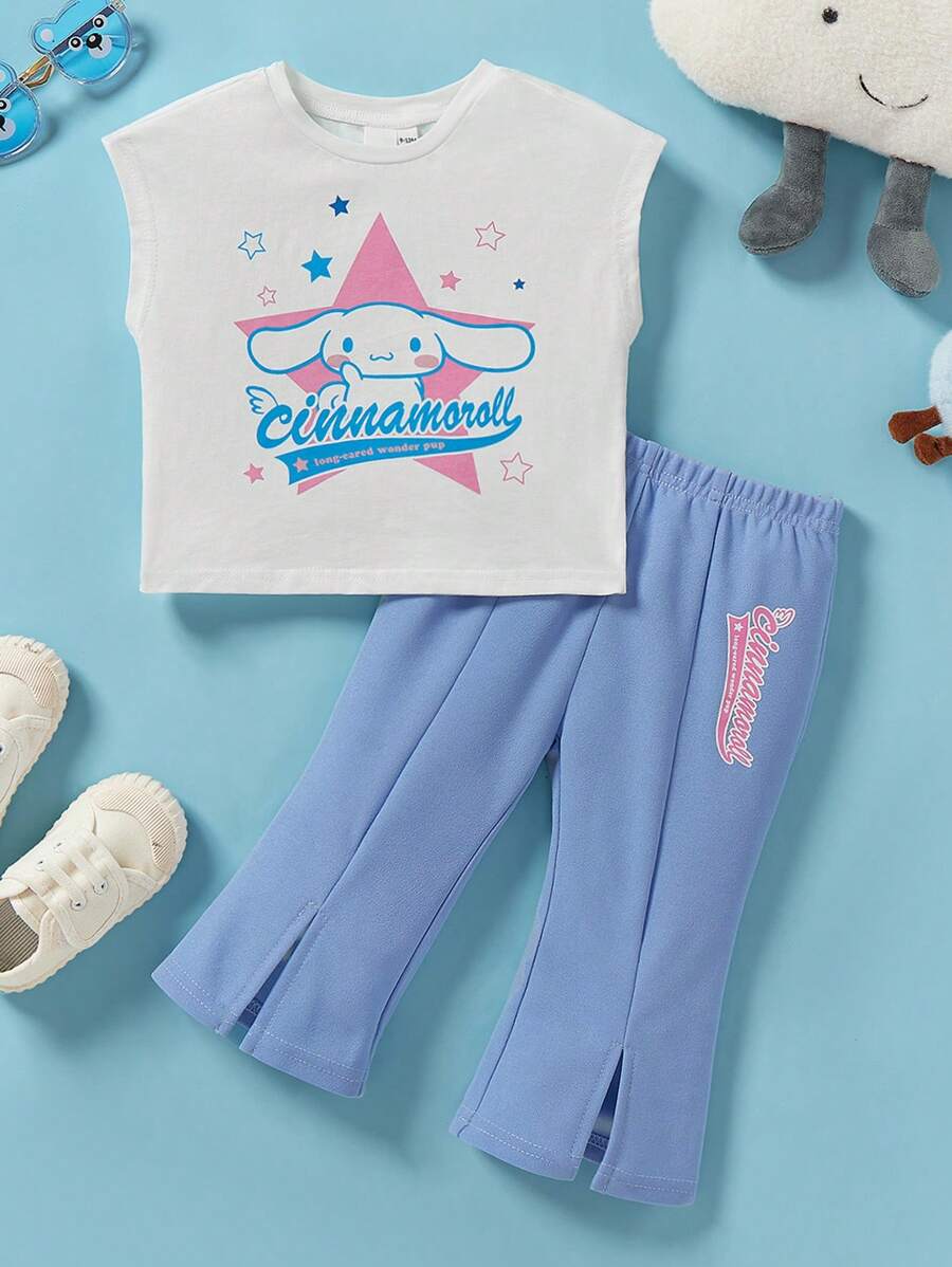 HELLO KITTY AND FRIENDS | SHEIN Baby Girl Cartoon Cinnamoroll Print White Batwing Sleeve T-Shirt And Blue Flare Pants 2pcs Outfit Set