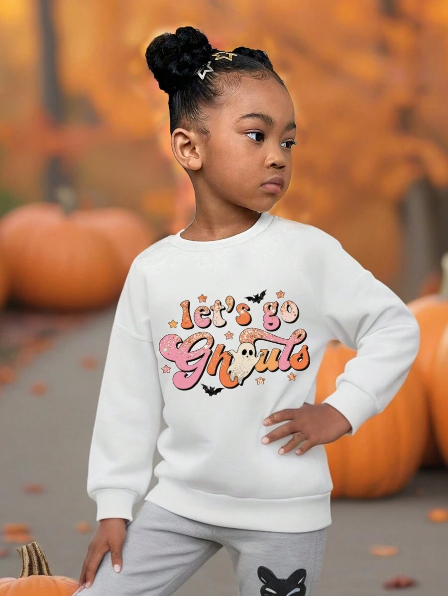 Sudadera de felpa con estampado de fantasma, murciélago y letras con brillo, de estilo casual chic de Halloween para niñas