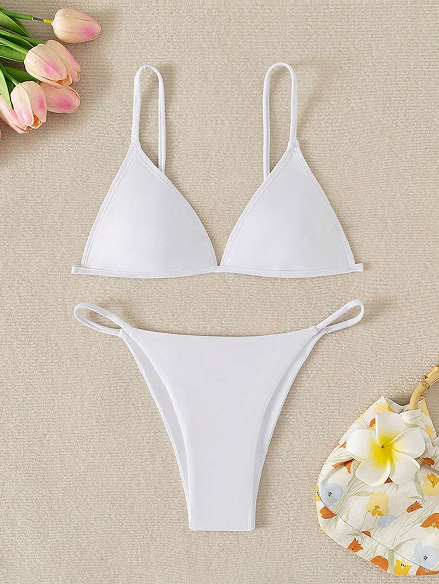 SHEIN Swim Conjunto de bikini de vacaciones de un solo color con tirantes finos y espalda descubierta para el verano y la playa
