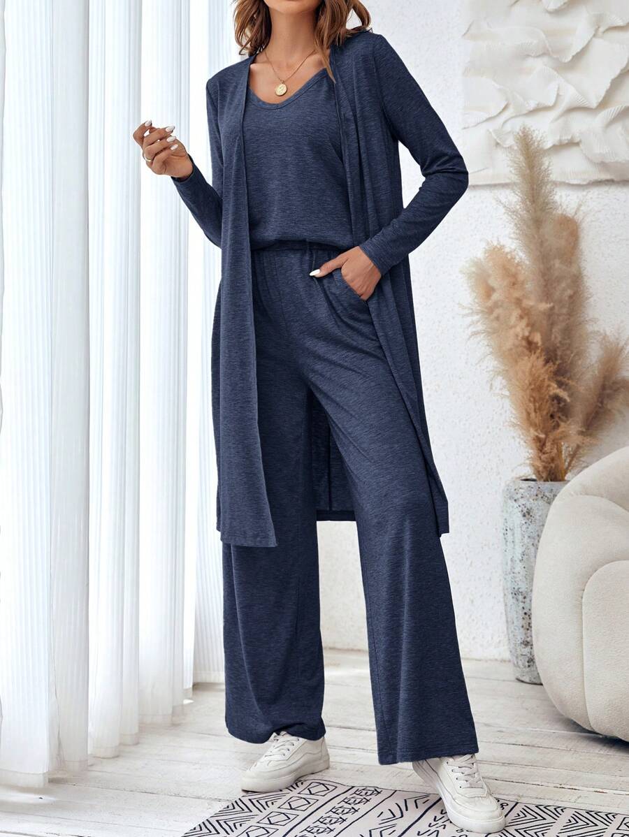 SHEIN LUNE Plus Size Women's Simple Solid Color Daily Wear Spaghetti Strap Jumpsuit And Long Sleeve Jacket 2pcs Set