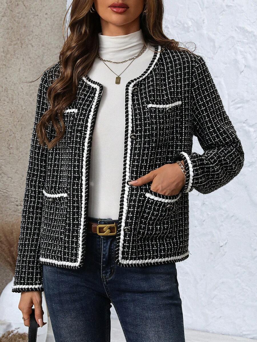 EMERY ROSE Women's Contrast Color Trim Minimalist Daily Long Sleeve Short Coat Fall Jackets Korean Fashion Fall Women Clothes