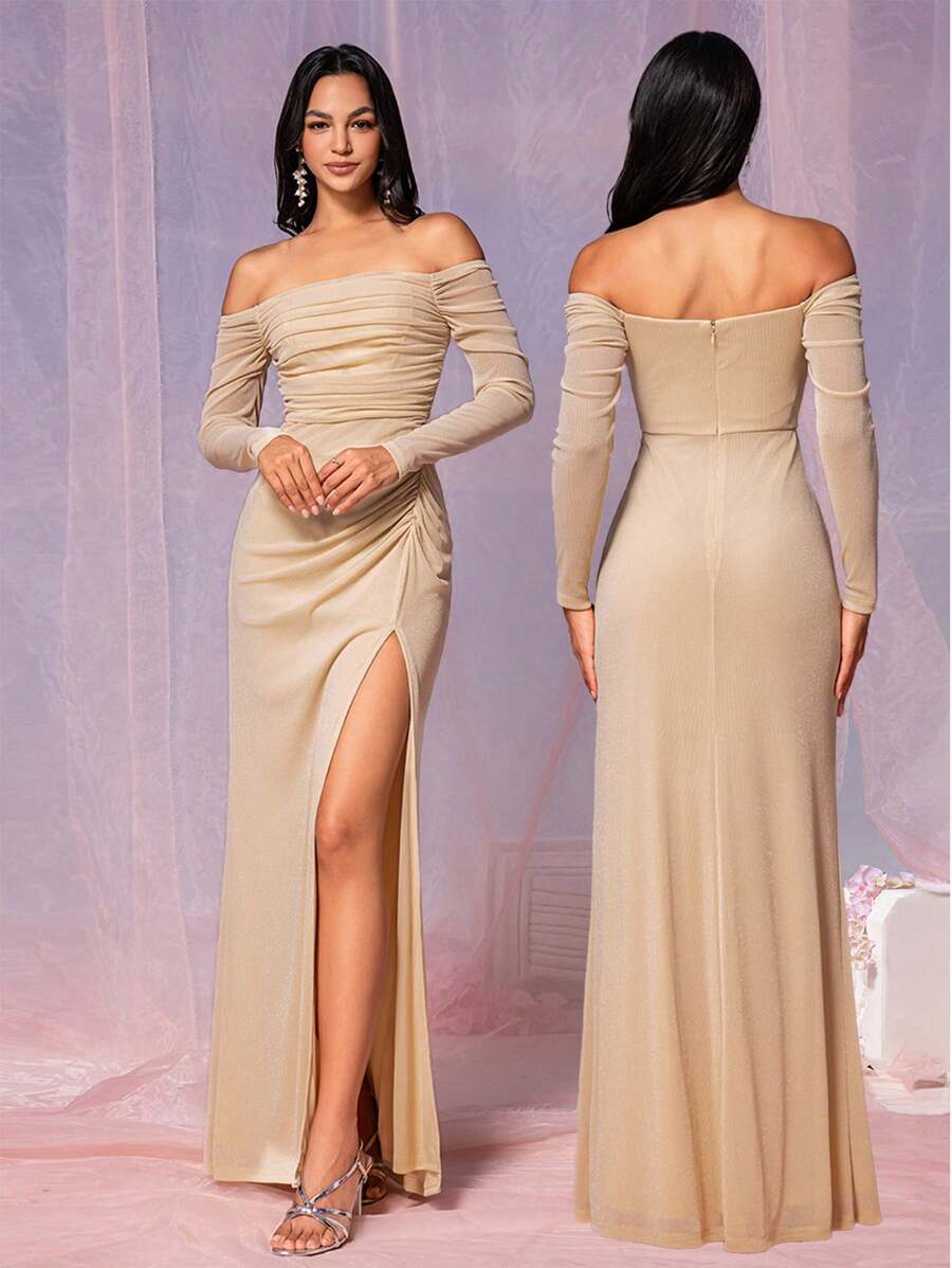 SHEIN Belle Women's Elegant Khaki Stretch Korean Net Silver Silk Fabric Off Shoulder Long Sleeve Tube Top Gathered Fit High Slit To The Thigh A-Line Hem Suitable For Wedding Events Formal Bridesmaid Dress