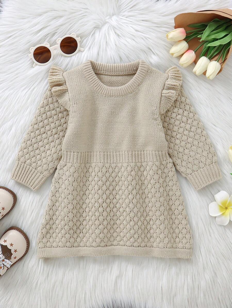1pc Infant Girls' Ruffled Long Sleeve Sweater Dress, Simple Pullover Knitting Jumper Dress For Baby Outfits