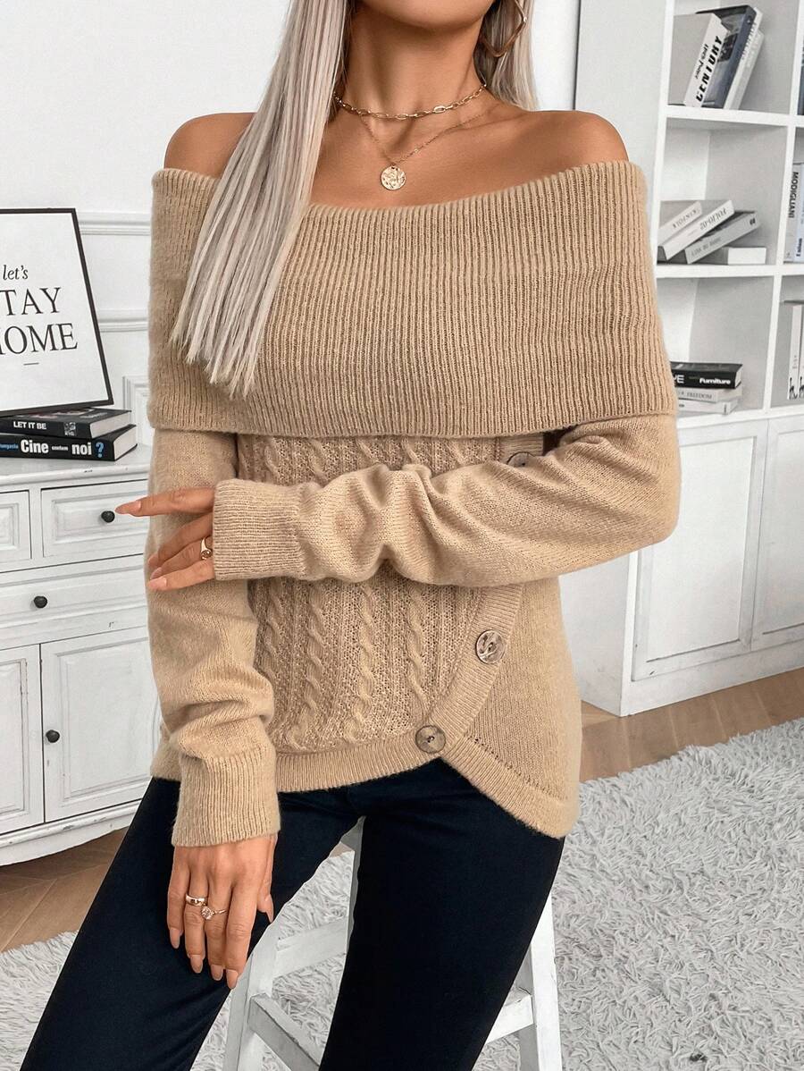 Chiquease Women's Oversized Collar Off Shoulder Button-Up Split Knit Sweater