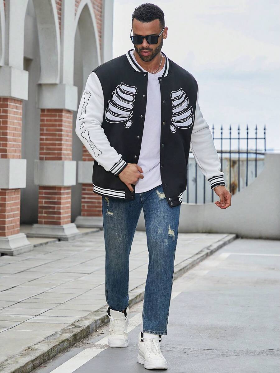Manfinity LEGND Men's Casual Striped Print Baseball Collar Long Sleeve Bomber Jacket, Campus Style