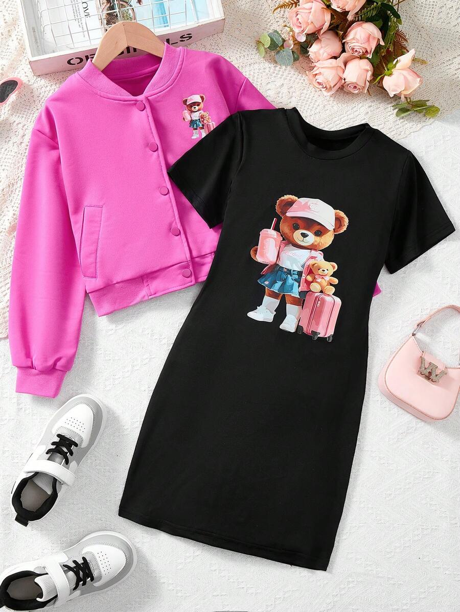 2 peças jaqueta de beisebol com estampa de urso para meninas adolescentes e minivestido com estampa de urso roupa fofa
