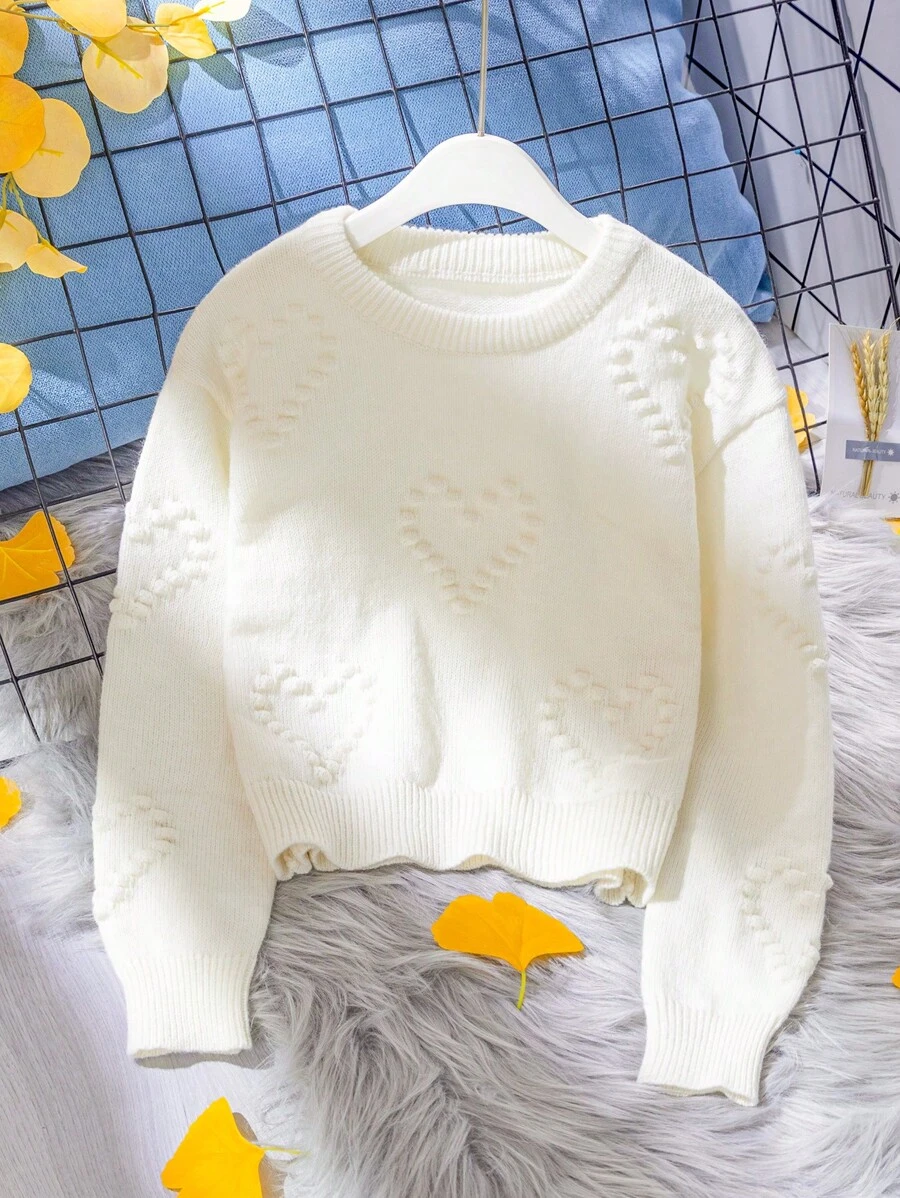 Suéter tejido de lunares y corazones cálido, cómodo y versátil para niña preadolescente, adecuado para uso diario, escuela, exterior, fiesta, otoño e invierno