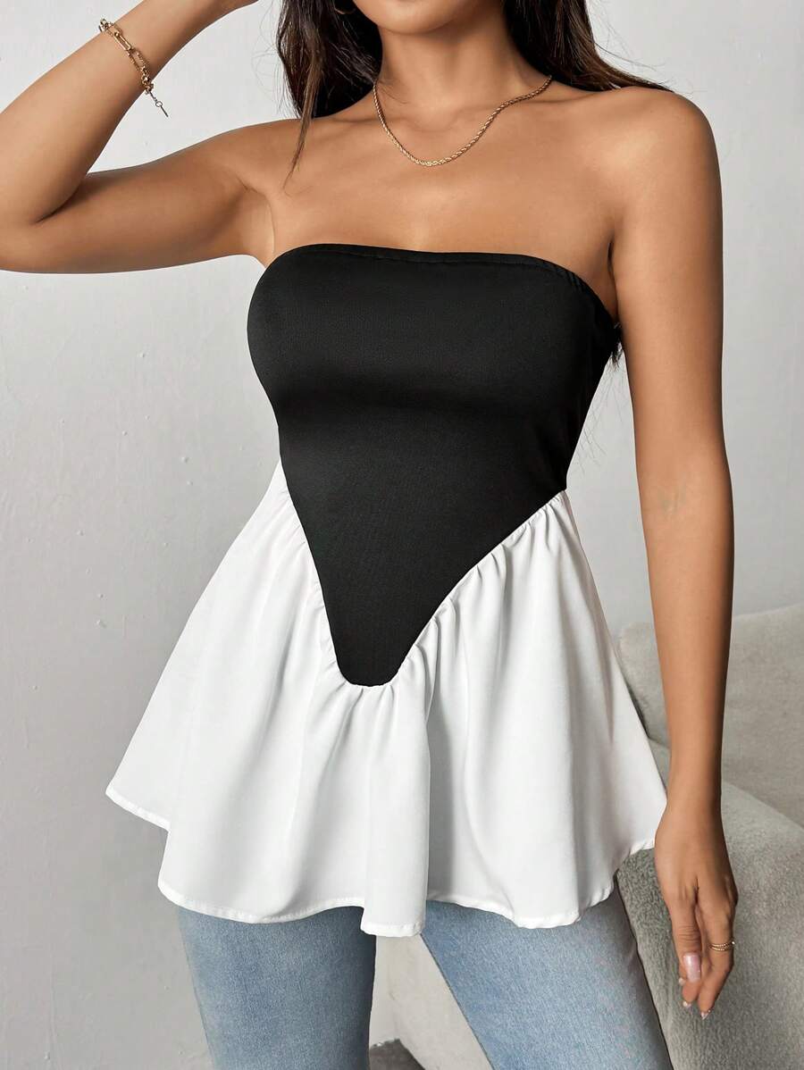 Chiquease Top tubo sin mangas con dobladillo con volantes de color contrastante para mujer