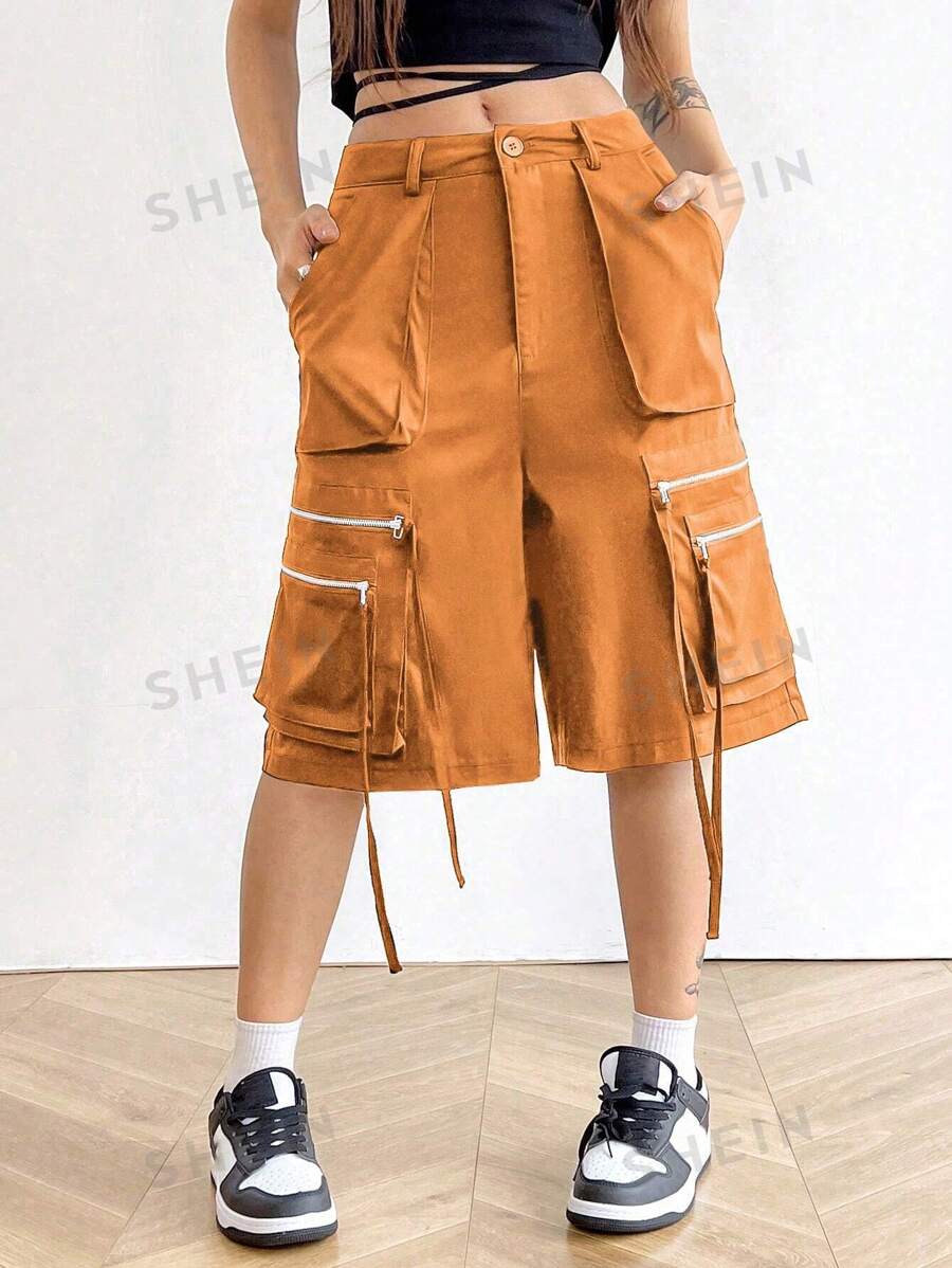 Flirla Pantalones cortos de carga holgados de varios bolsillos con cremallera de unicolor para mujer