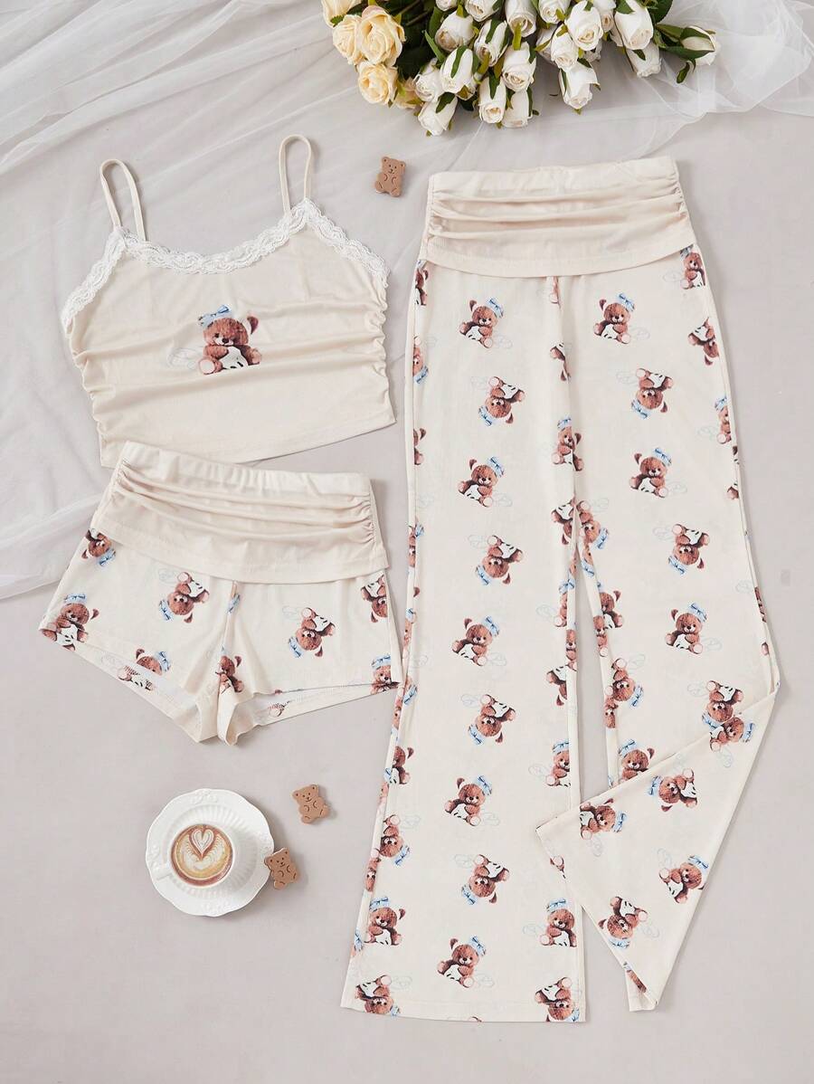 Dream Adore 3-delige damespyjamaset met berenprint - hemdje met kanten rand, spaghettibandjes, geplooide shorts en casual broek met rechte pijpen