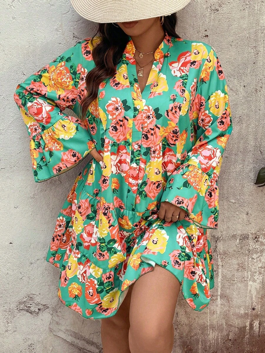 Celure Plus Size Vacation Casual Floral Allover Print Notched Neck Flare Sleeve Dress With Cutout
