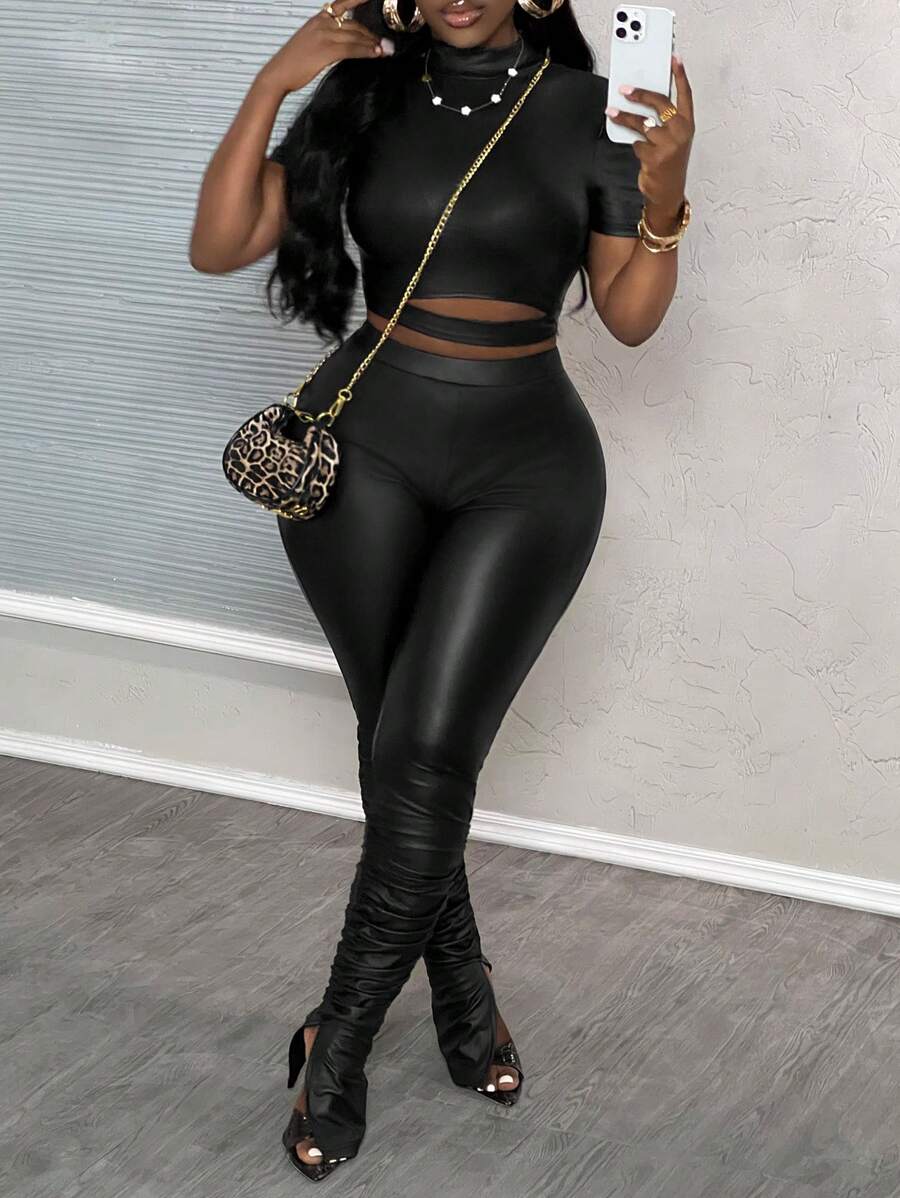 Slaydiva Sexy Hollow-Out Black PU Short Sleeve T-Shirt And Floor-Length Split Hem Tight Pants Set