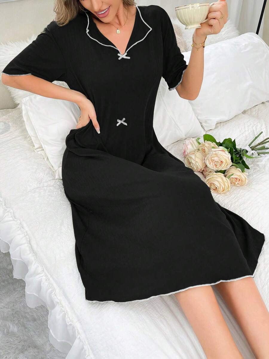 Women Solid Color Bow Decor Simple Casual Short Sleeve Loungewear Dress