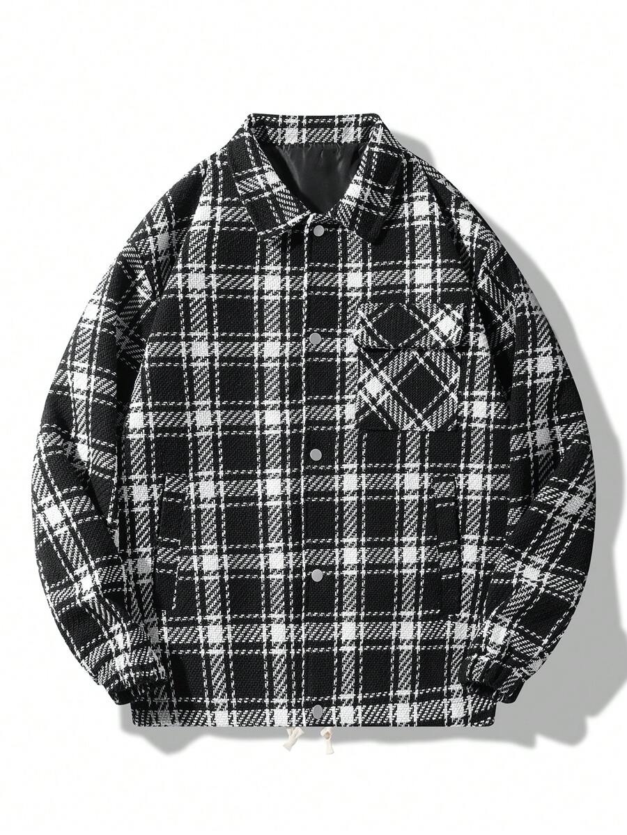 Manfinity Homme Chaqueta casual de manga larga con botones, cuello de solapa y bolsillos, con estampado a cuadros para hombres